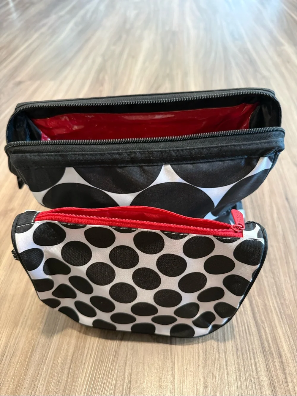 2PK Black and White Dot Cosmetic Bags with Red Interior
